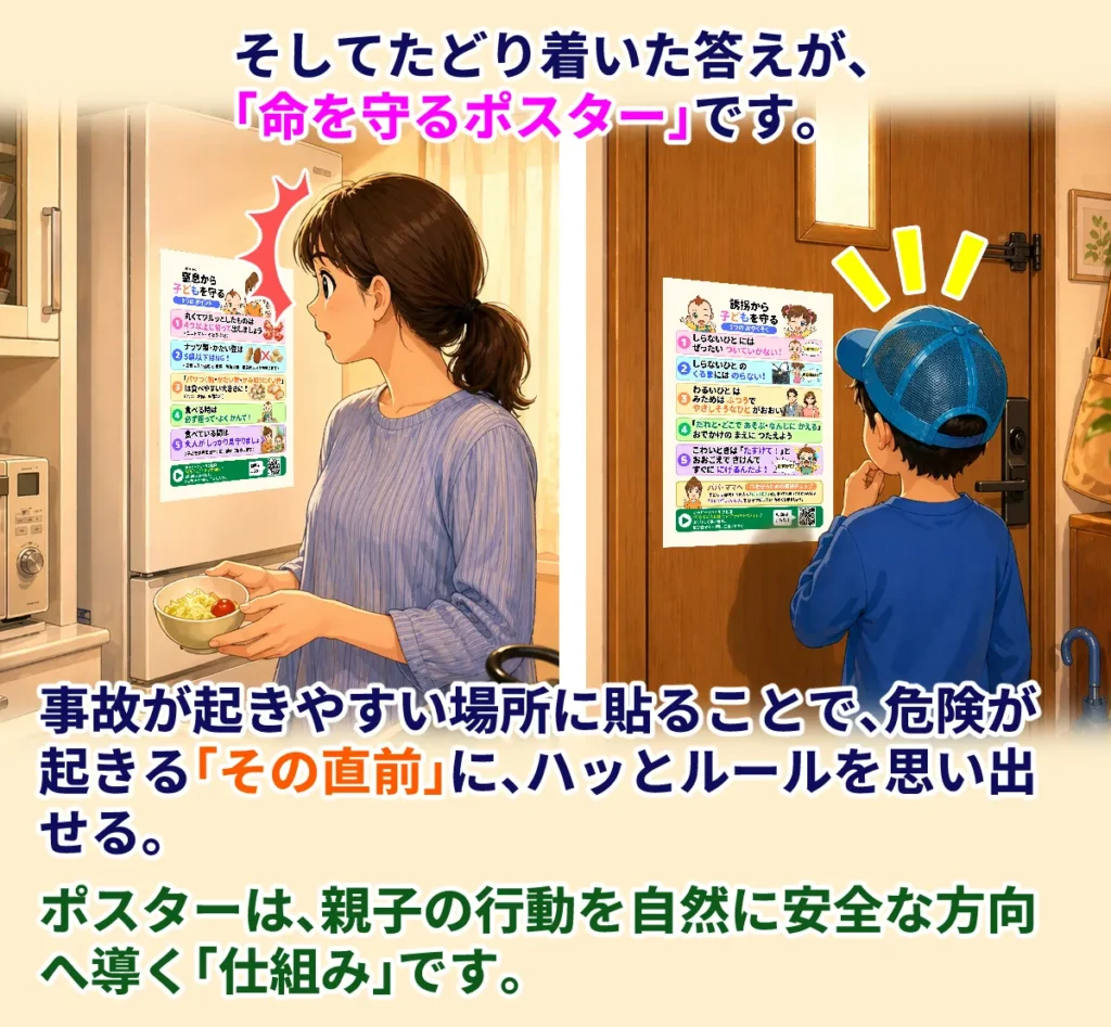 そして、たどり着いた答えが「子どもの命を守るポスター」です。
事故が起きやすい場所に貼ることで、危険が起きる「その直前」に、ハッとルールを思い出せる。
ポスターは、親子の行動を自然と安全な方向へ導く「仕組み」です。