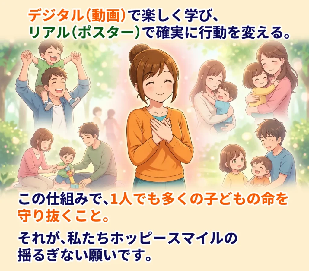 デジタル（動画）で楽しく学び、リアル（ポスター）で確実に行動を変える。
この仕組みで、1人でも多くの子どもの命を守り抜くこと。
それが、私たちホッピースマイルの揺るぎない願いです。