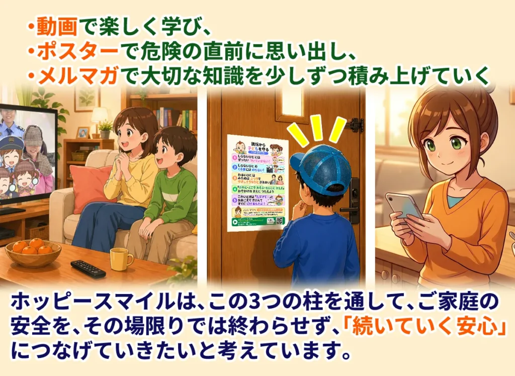 ・動画で楽しく学び、
・ポスターで危険の直前に思い出し、
・メルマガで大切な知識を少しずつ積み重ねていく。

ホッピースマイルは、この3つの柱を通して、ご家庭の安全を、その場限りで終わらせず、「続いていく安心」につなげていきたいと考えています。