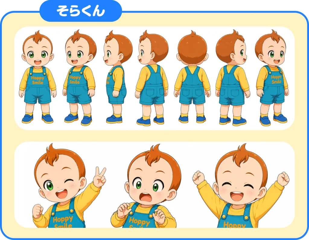 そらくんの三面図と表情・ポーズ展開例