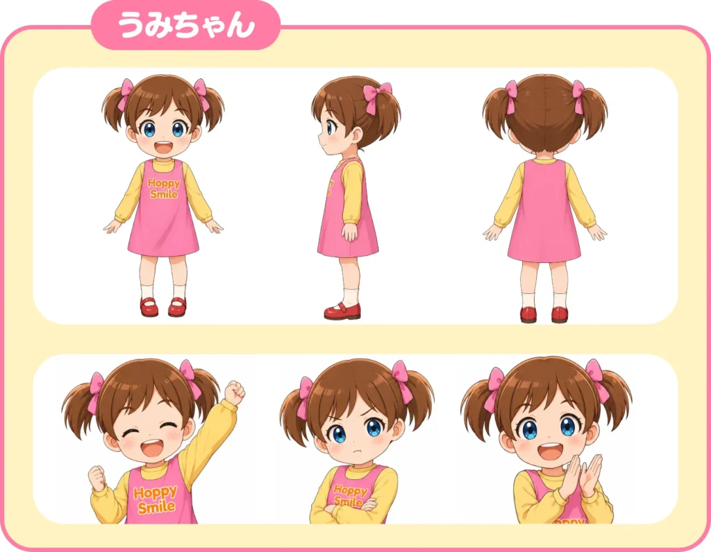 うみちゃんの三面図と表情・ポーズ展開例