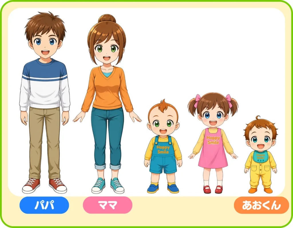 パパ・ママ・そらくん・うみちゃん・あおくんの家族キャラクター立ち絵
