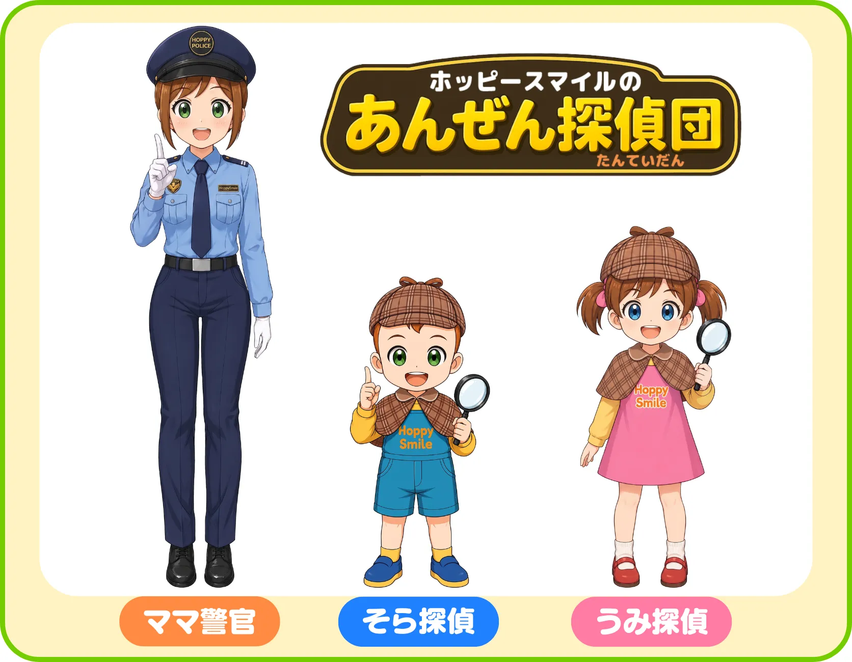 ママ警官・そら探偵・うみ探偵が並ぶ、あんぜん探偵団のキャラクター紹介