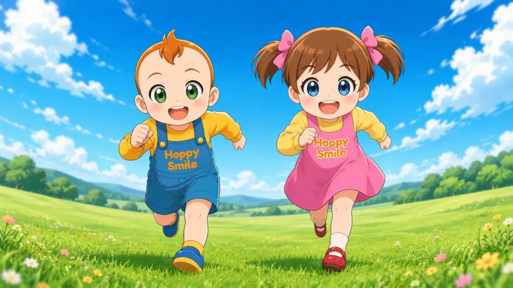 そらくんとうみちゃんが青空の下で元気に走る屋外ビジュアル