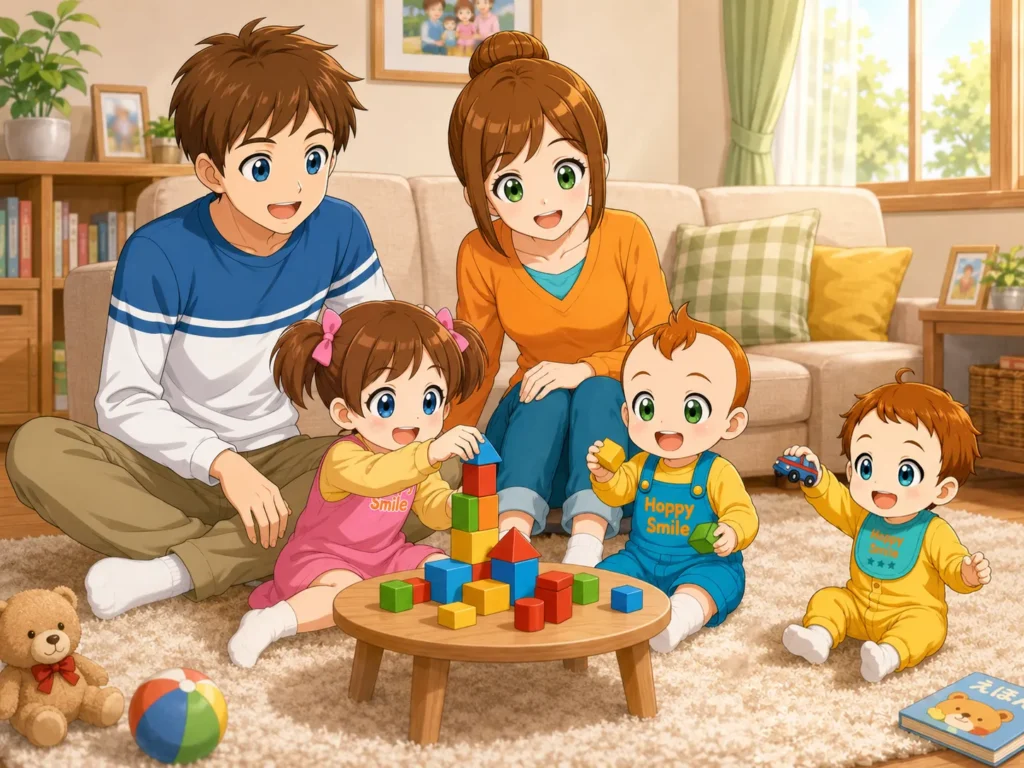 家族がリビングで積み木遊びをする親子向け日常シーンのビジュアル
