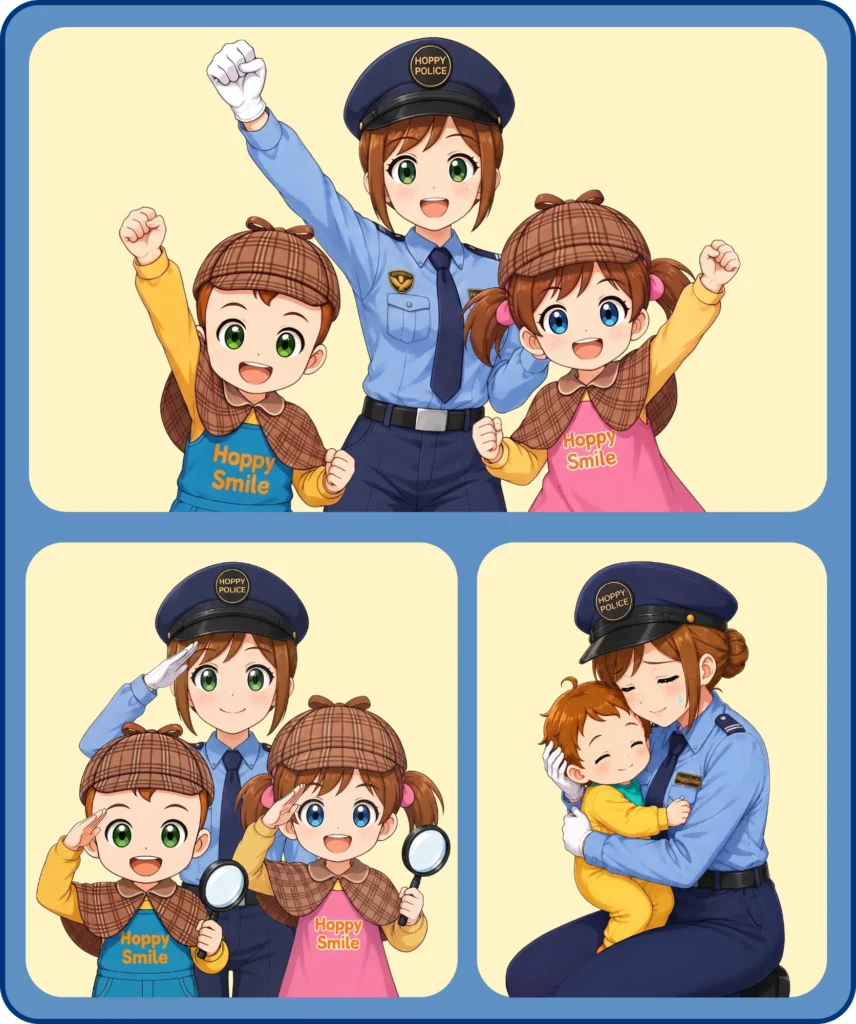 ママ警官・そら探偵・うみ探偵・あおくんの安全啓発向けシーン展開例