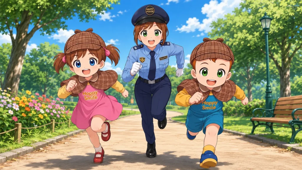 ママ警官とそら探偵・うみ探偵が公園を走る安全啓発ビジュアル