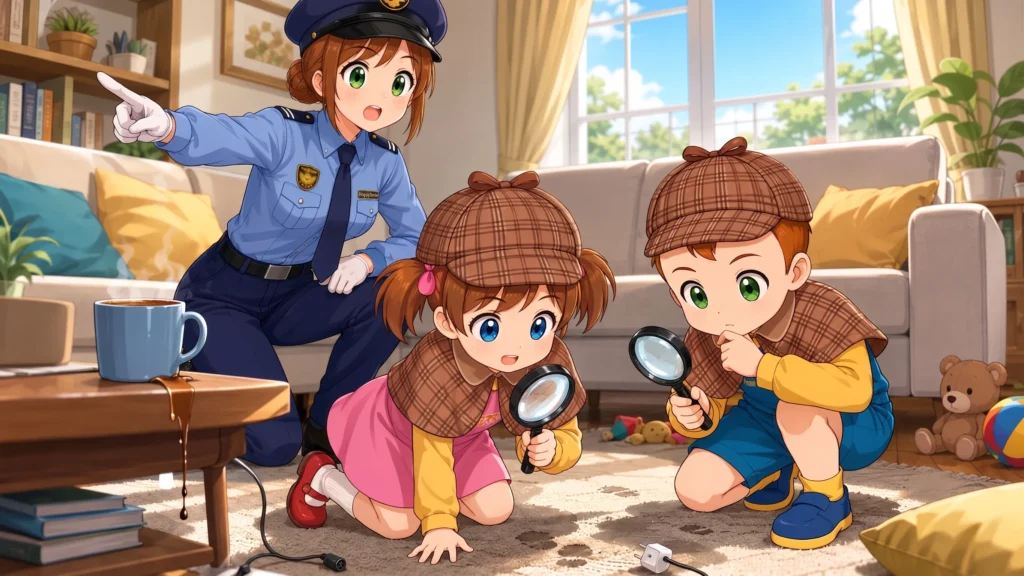 ママ警官とそら探偵・うみ探偵がリビングの危険箇所を調査しているイメージ