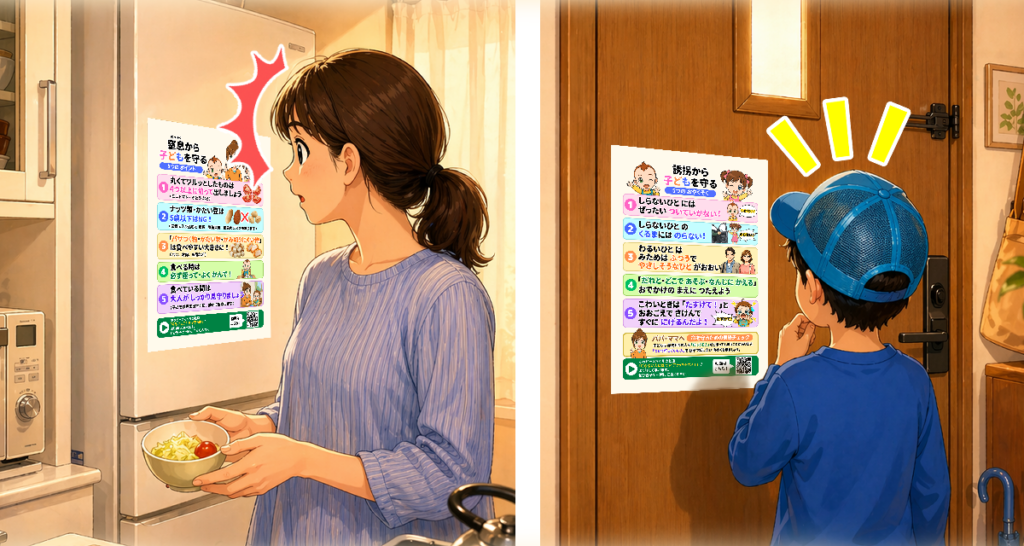 冷蔵庫や玄関の安全ポスターを見て、日常の中で安全ルールを思い出すイメージ