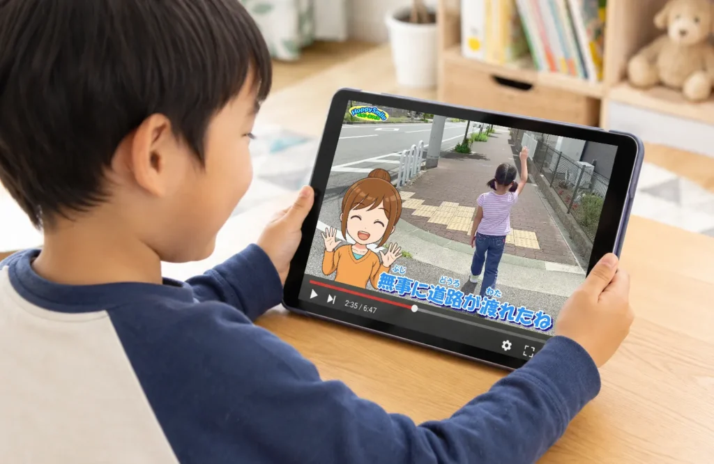 タブレットでホッピースマイルの交通安全動画を見て学ぶ子どものイメージ