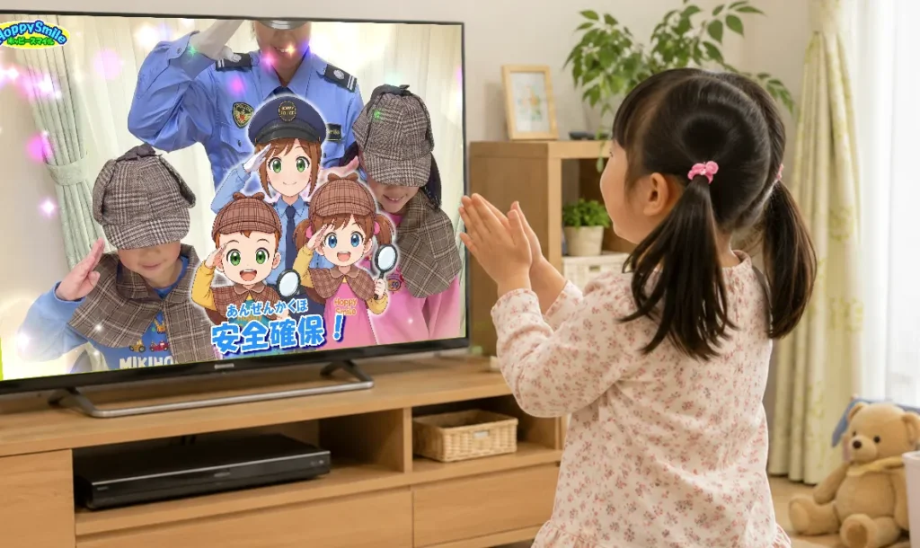 ホッピースマイルの「あんぜん探偵団」を楽しんで見る子どものイメージ