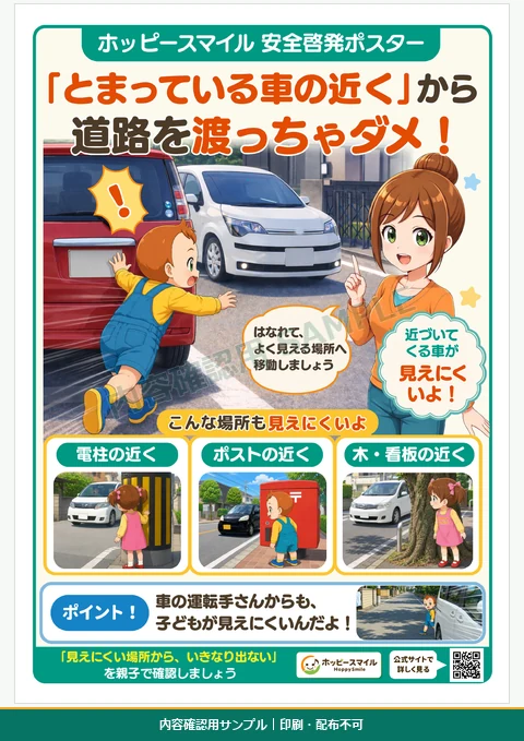 停車中の車のかげから道路へ出ず、見通しのよい場所で左右を確認することを伝える交通安全ポスター