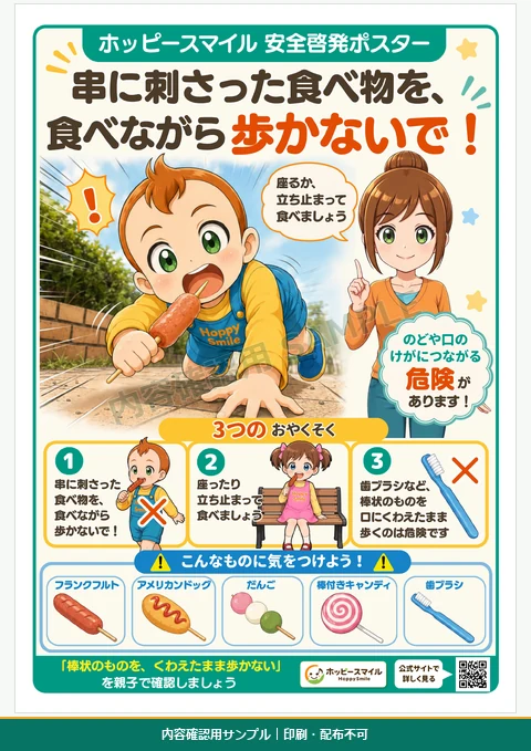 串に刺さった食べ物や歯ブラシなどを口に入れたまま歩かないことを伝える安全啓発ポスター