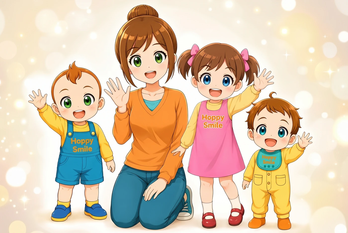 ママ、そらくん、うみちゃん、あおくんが笑顔で並ぶホッピースマイルの家族イラスト