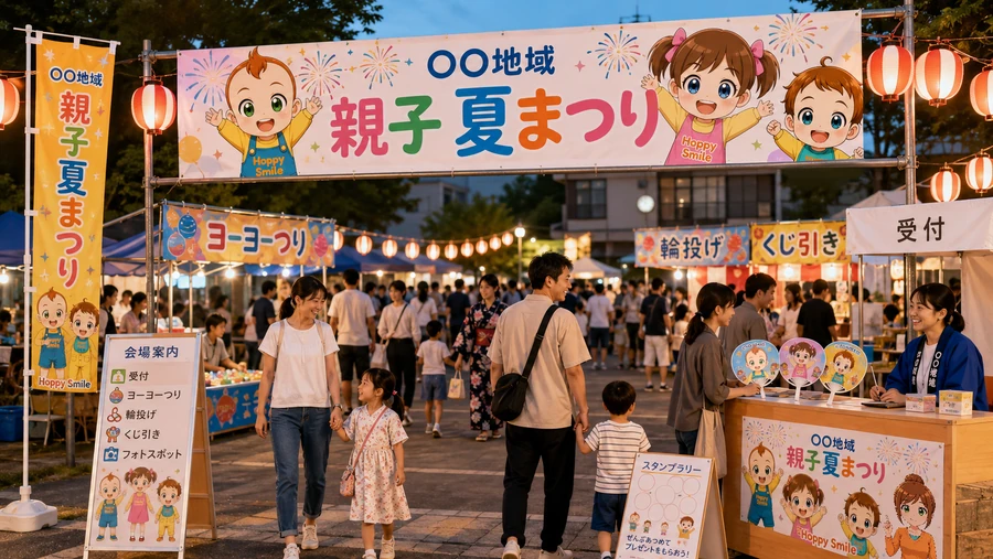 夏祭り会場の横断幕・のぼり・受付装飾に活用するイベント用制作例