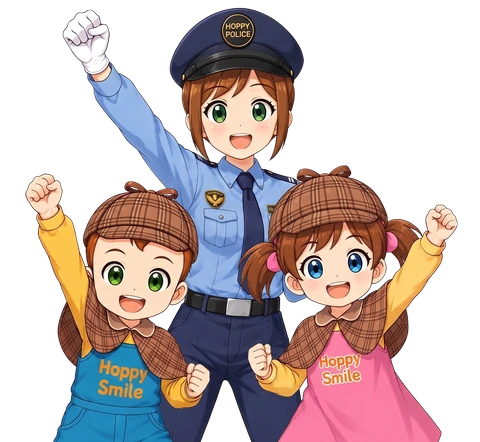 警察官と探偵の衣装で安全を呼びかける3人の追加キャラクター画像例