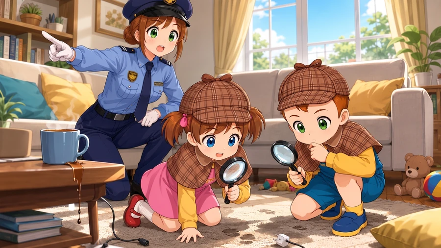 探偵団の子どもたちが室内の危険を探す背景付きメイン画像の制作例