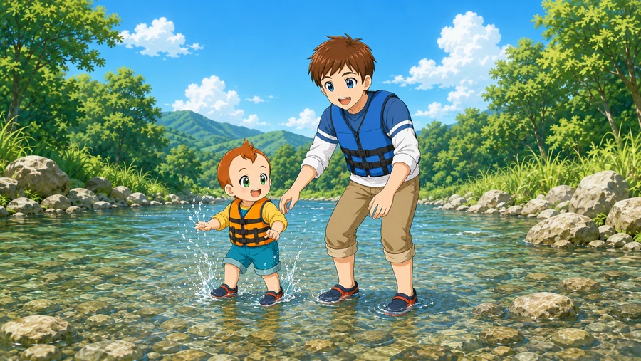 川遊びの安全を親子へ伝える背景付きメイン画像の制作例