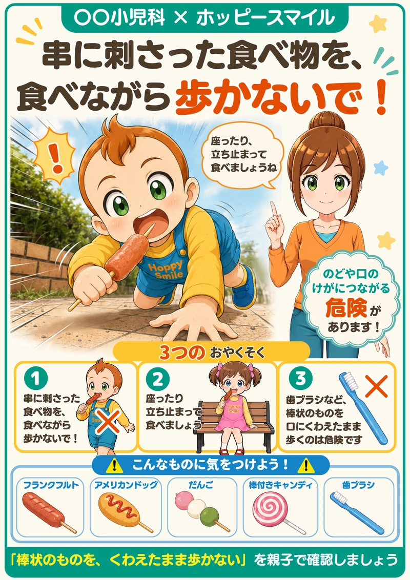 小児科名とホッピースマイルの名称を表記した安全啓発ポスターの制作例