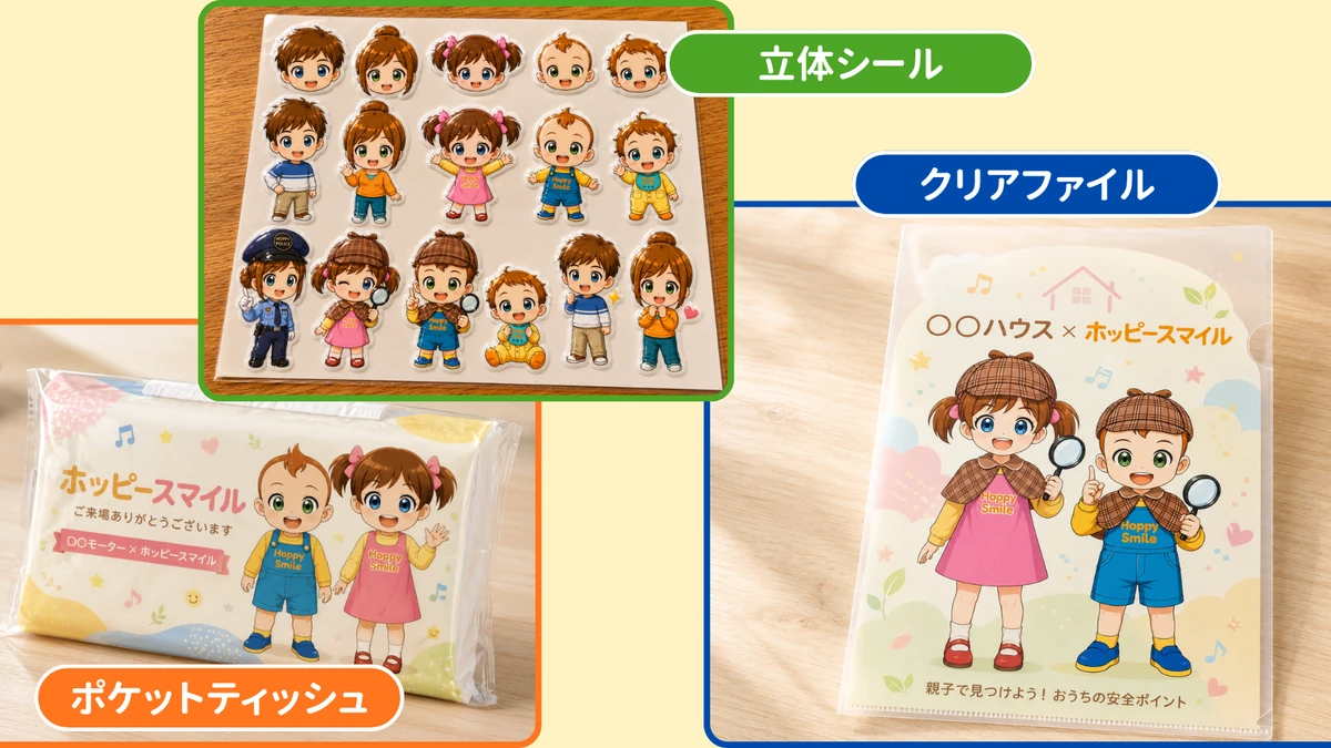 立体シール、ポケットティッシュ、クリアファイルの3種類のノベルティ用デザイン例