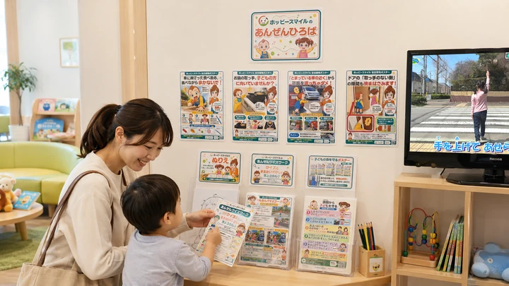 施設内のあんぜんひろばで親子が安全資料を見る活用イメージ