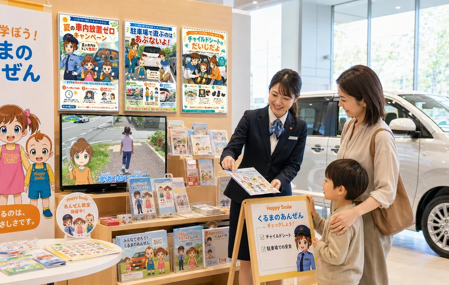 カーディーラーで安全ポスターや配布物を活用するイメージ