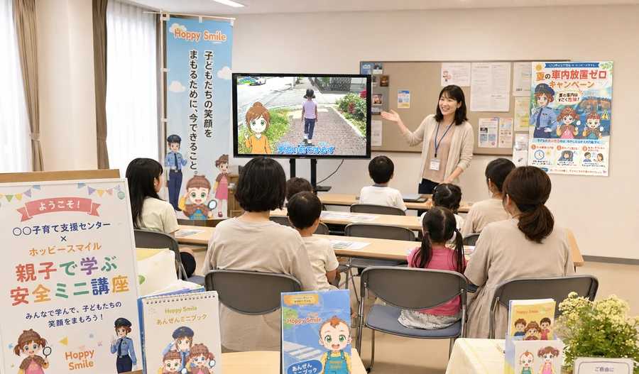 親子向け安全講座で動画・ポスター・配布物を活用するイメージ