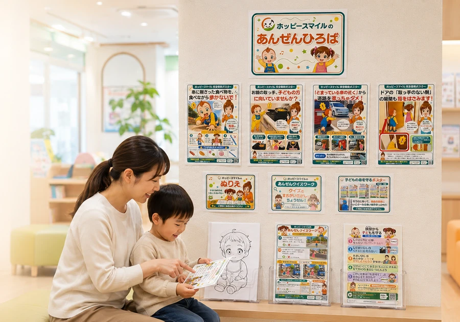 小児科の待合室で、親子が安全ポスター・クイズ・ぬりえ・持ち帰り資料を利用する活用イメージ
