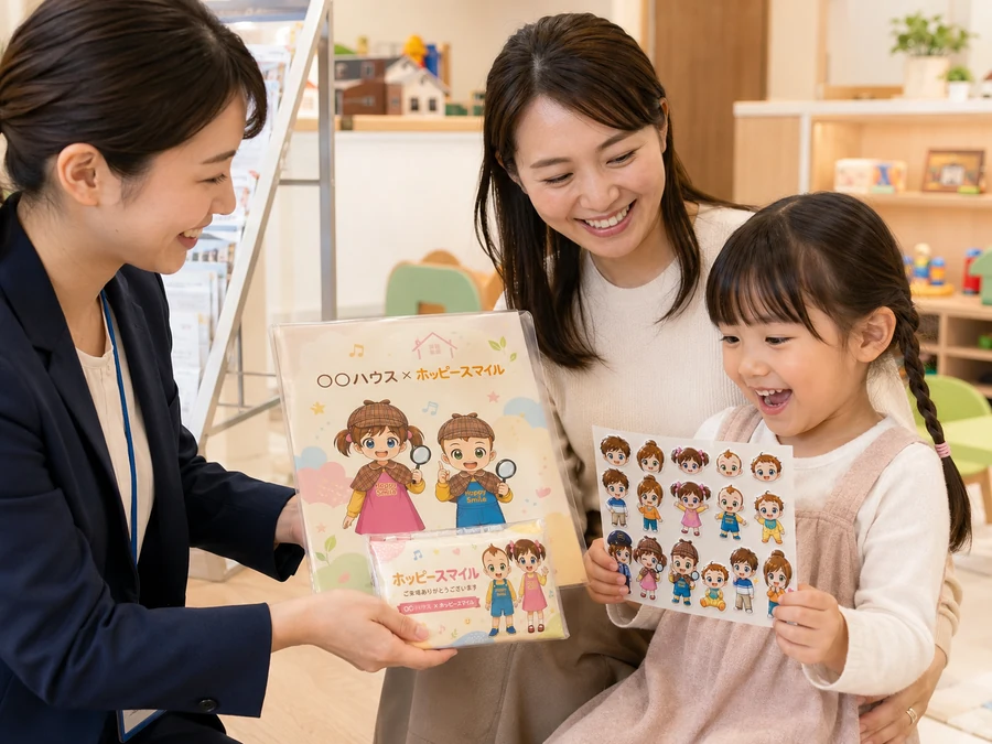 親子が安全教育イベントでノベルティを受け取る活用イメージ