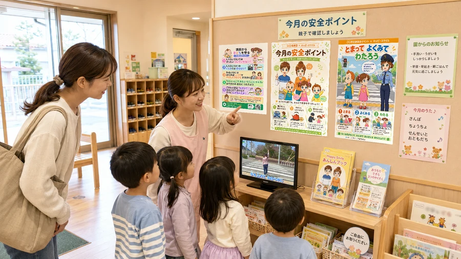保育園で安全ポスターと動画を使う活用イメージ