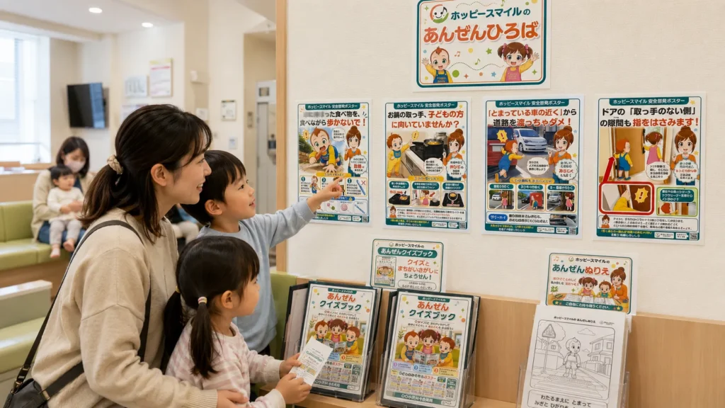 待合室で安全ポスターやクイズを親子で楽しむ「あんぜんひろば」の活用イメージ